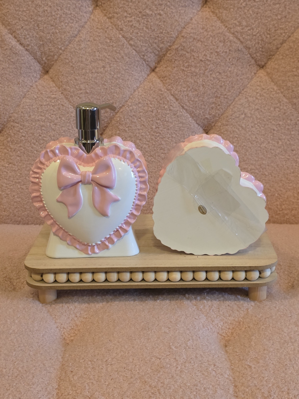 Pink Heart Bow Ceramic Soap Dispenser & Heart Dish With Lid Set - Picture 7 of 10